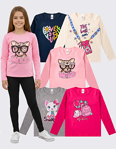 KIT 5 CAMISETAS MANGA LONGA INFANTIL MENINA INVERNO ATACADO (ESTAMPAS SORTIDAS)