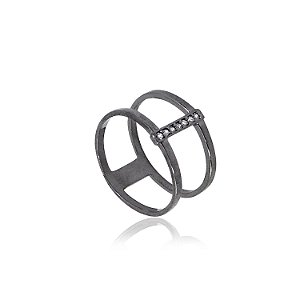 Anel Em Ródio Negro Com Detalhes Em Strass