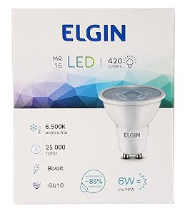 Lâmpada Dicróica Led MR16 Elgin base GU10 6W 420lm Branco Frio 6500K Bivolt - 1 Ano de Garantia