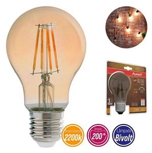 Lâmpada Pera led Retrô A60 Filamento 4w 360lm 2200K Âmbar Bivolt Avant E27 Vintage - 1 Ano de Garantia