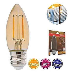 Lâmpada Vela led Retrô Filamento 2w 180lm 2200K Âmbar Bivolt Avant E27 Vintage - 1 Ano de Garantia