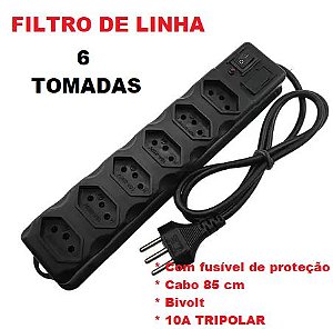 Filtro de Linha Régua Elétrica com 6 tomadas Tripolar 10A  Bivolt Elite Com Fusível Cabo Pp Flexível - 1 Ano de Garantia