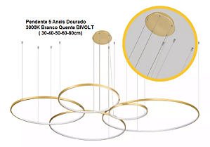 Lustre Pendente 5 Anéis LED Dourado Gold Horizontal 189W Fio/Cabo 3mt 3000K Branco Quente 18900lm