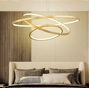 Luminária Pendente 3 Anéis 90W Dourado Fosco Arco 80/60/40cm Bivolt Metal 3000K Branco Quente