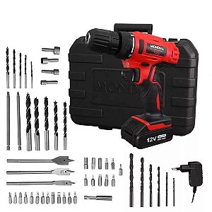 Parafusadeira e Furadeira Mondial bateria 12V Bateria Lítio + Maleta + 50 peças PF-07 MA - Bivolt (1 Ano Garantia)