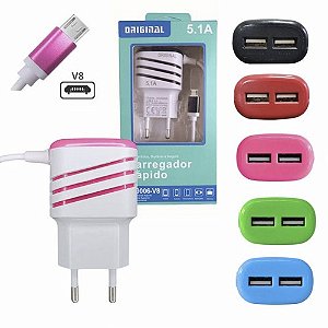 Carregador Micro USB V8 com 02 Portas USB 5.1A Cabo Fixo e Luz de Led