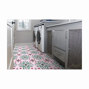 Adesivo Para Piso Antiderrapante Lavável Folhagem Verde e Rosa