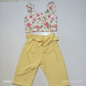 Conjunto Croped e Pantacurt Floral Amarelo Tam 2