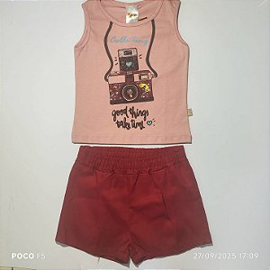 Conjunto Infantil Menina Shorts Rosa e Bordô 4