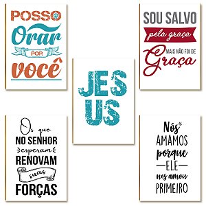 Kit com 5 Placas MDF Frases Cristãs Motivacionais A4 FE16