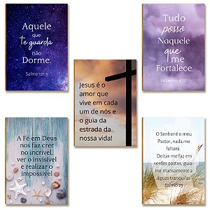 Kit 5 Placas MDF Frases Bíblicas Fé Esperança Amor A4 FE15