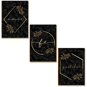 Kit 03 Placas Decor MDF Amor Fé Gratidão Tamanho Tam A4 AR7