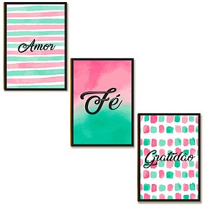 Kit 03 Placas MDF Amor Fé Gratidão Quadros Decor Tam A4 AR4