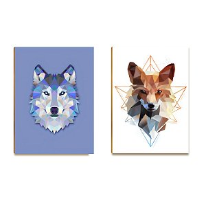Kit 02 Placas MDF Lobo e Raposa Decoração Parede  Tam A4