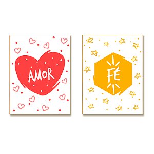 Kit com 02 Placas MDF Amor e Fé Decoração Parede Tam A4 AR1