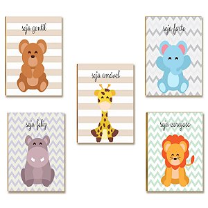 Kit 5 Placas MDF Infantil Bichinhos Gentil Forte Feliz A4