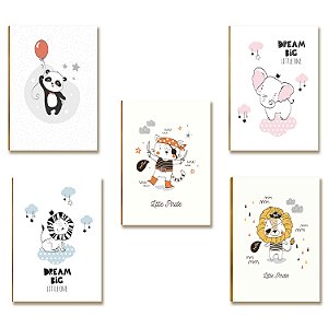 Kit 5 Placas MDF Infantil Bichinhos Panda Elefante Leão A4