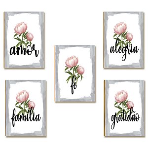 Kit 5 Placas MDF Floral Rosé Amor Alegria Fé Família A4