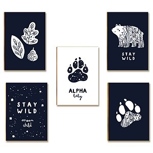 Kit 5 Placas MDF Infantil Stay Wild Urso Pegadas Parede A4