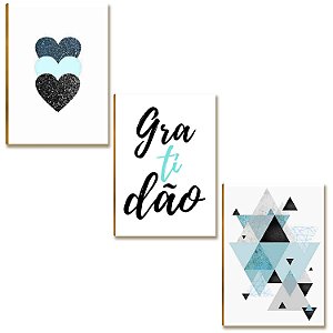 Placas MDF Gratidão Geométrico Azul Minimalista Parede A4