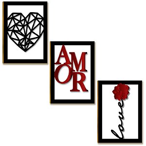Placas MDF Amor 3D Preto Vermelho Flor Love Parede A4
