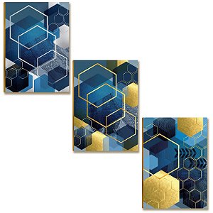 Placas MDF Abstrato Azul e Dourado Geométrico Parede A4