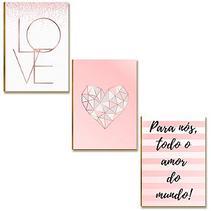Kit de 03 Placas MDF Love Coração e Frase Amor Mundo A4