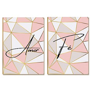 Placas MDF Amor e Fé Geométrico Rose Gold Parede Moderna A4