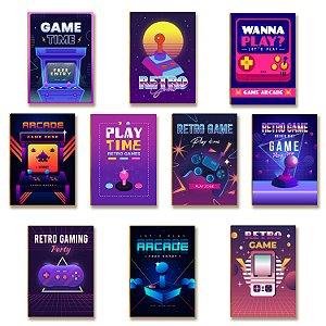 Kit 10 Placas MDF Gamer Retrô Arcade Vintage Parede Moderna