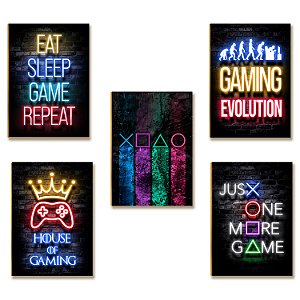 Kit 5 Placas MDF Universo Gamer 28,7x22cm Parede Moderna