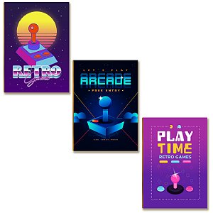 Kit 3 Placas MDF Arcade Retrô Game Geek Parede Moderna A4