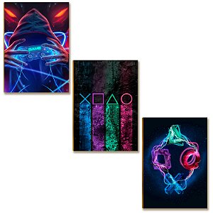 Kit 3 Placas MDF Gamer Setup Controle Cyber Punk Parede A4