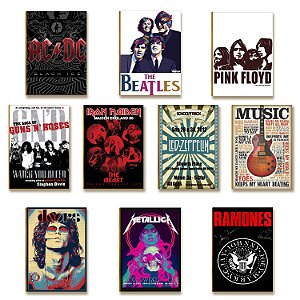 Kit 10 Placas Decorativas Bandas de Rock Clássico Retrô