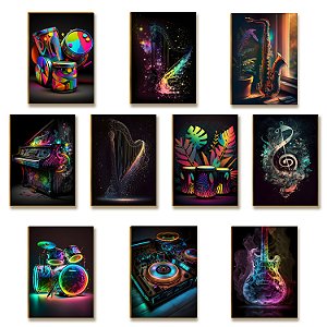 Kit 10 Placas Decorativas Instrumentos Música Neon Moderno
