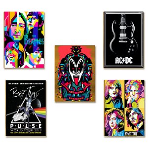 Kit 5 Placas Decorativas Rock Clássico Bandas Mix MDF
