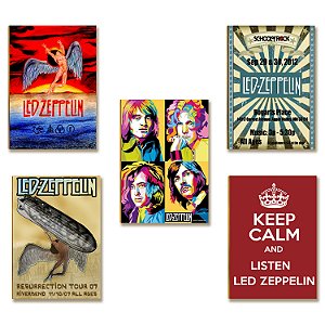 Kit 5 Placas Decorativas Led Zeppelin Rock MDF A4