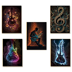 Kit 5 Placas Decorativas Guitarras Arte Música MDF A4