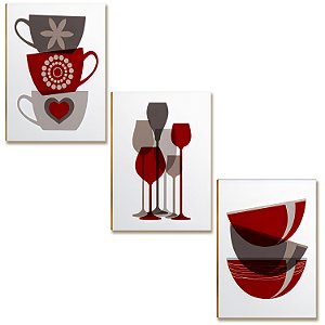 Kit 3 Placas MDF Cozinha Taças Xícaras Vermelho A4 Decor