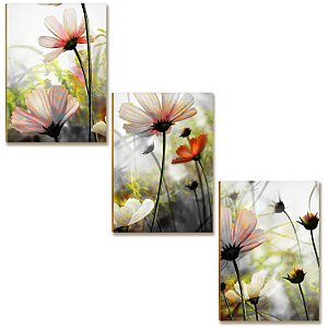 Kit 3 Placas MDF Flores Artísticas Tons Suaves Tam A4 Decor
