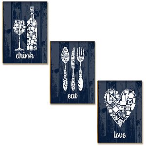 Kit 3 Placas MDF Cozinha Drink Eat Love Rústico A4