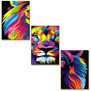 Kit 3 Placas Decorativas MDF Leão Colorido Abstrato Moderno