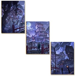 Kit 3 Placas MDF Paisagem Fantasia Oriental Noturna A4