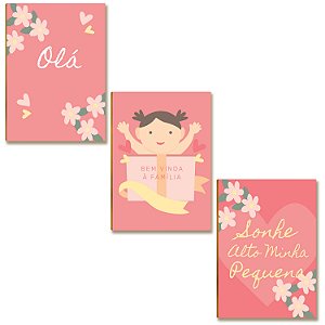 Kit 3 Placas MDF Rosa Olá Bem Vinda Sonhe Alto A4