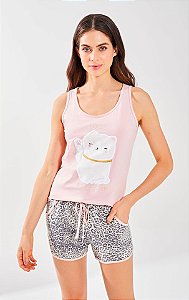 3768 - Pijama com shorts e regata com aplique de gatinho
