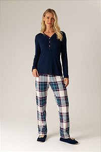9878 - Pijama Feminino Calça em Moletinho e Blusa em Ribana