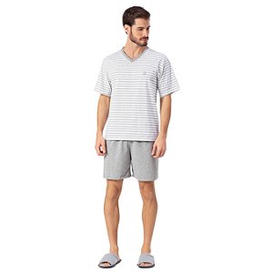 Pijama masculino com shorts cinza e blusa listrada Grey 12270031