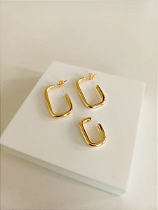 Mix com argola e piercing com design retangular abaulado (semijoia banhada a ouro 18k)