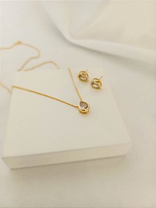 Mix de colar e brincos com gota de zircônia cristal (semijoia banhada a ouro 18k)