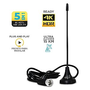 Antena Interna ELG Smart View 2,5 Metros com Sinal Digital 4K HDR HDTV, UHF, VHF Preto