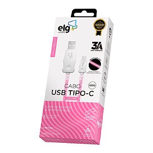 Cabo USB-C ELG com LED Inteligente, Recarga Rápida 15W 3A, Sincronização de Dados, 1 metro, Rosa LEDC10PK
